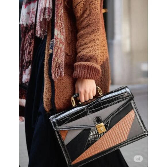 Vintage Sleek Stylish 80s Leather Detachable Strap Shoulder Hand Bag Black Brown - Picture 1 of 7